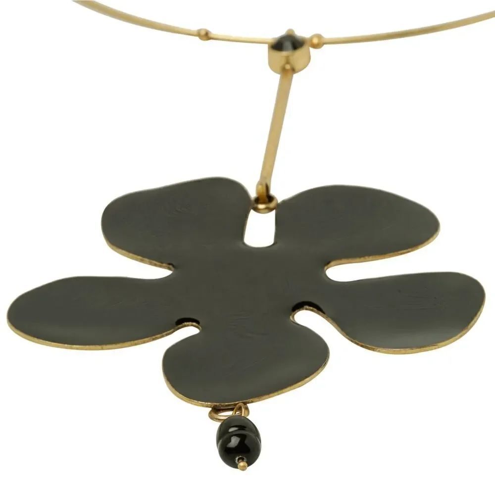 PILGRIM Goldtone Glossy Black Enamel Flower Pendant Choker - Picture 2 of 3